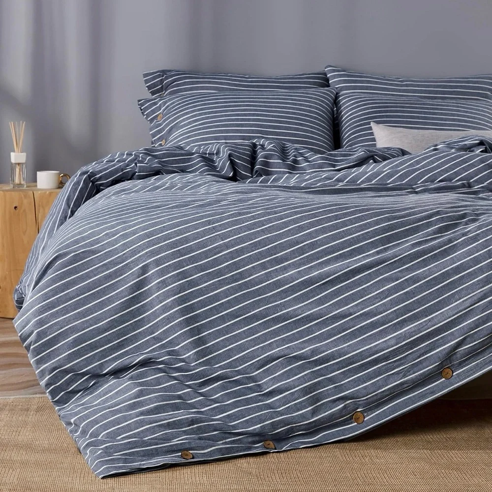 NEW West Elm Blue White Striped King Queen Linen Cotton Bedding Duvet & Sham Set